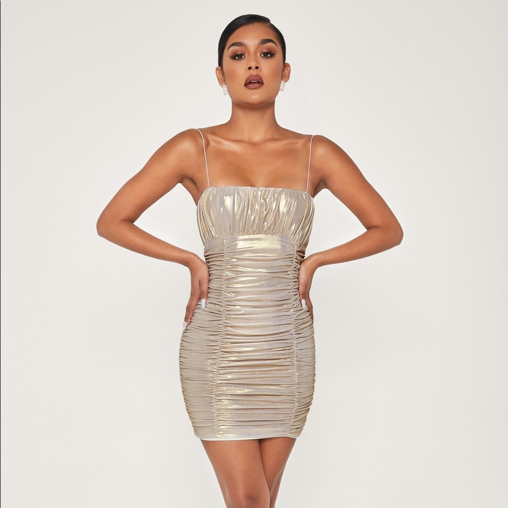 NWT MESHKI Celena Ruched gold dress mini thinstrap